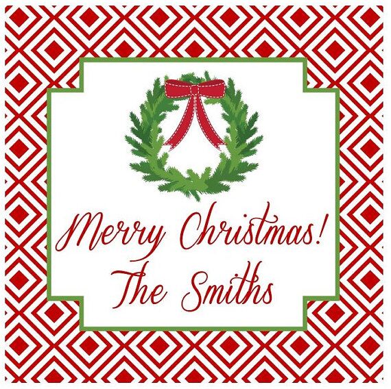 Personalized Christmas Gift Tag Stickers {Squares with Wreath}