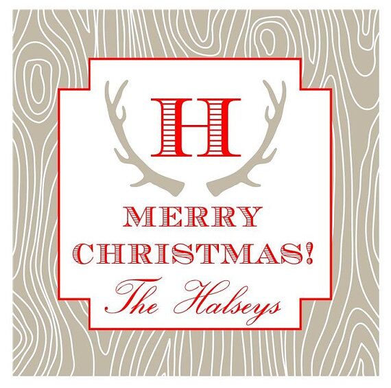 Personalized Christmas Gift Tag Stickers {Wood Grain with Antlers}