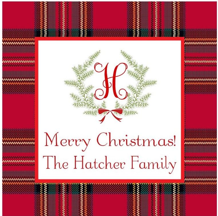 Personalized Christmas Gift Tag Stickers {Red Plaid Open Wreath}