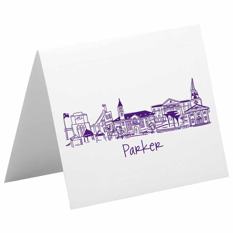TCU Skyline in Rockford Font Texas Christian University Campus Skyline Landmarks-Fort Worth, Texas -Personalized Foldover Notecard