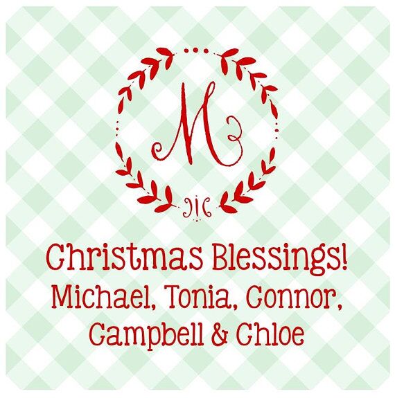Personalized Christmas Gift Tag Stickers {Blue Gingham with Red Monogram}