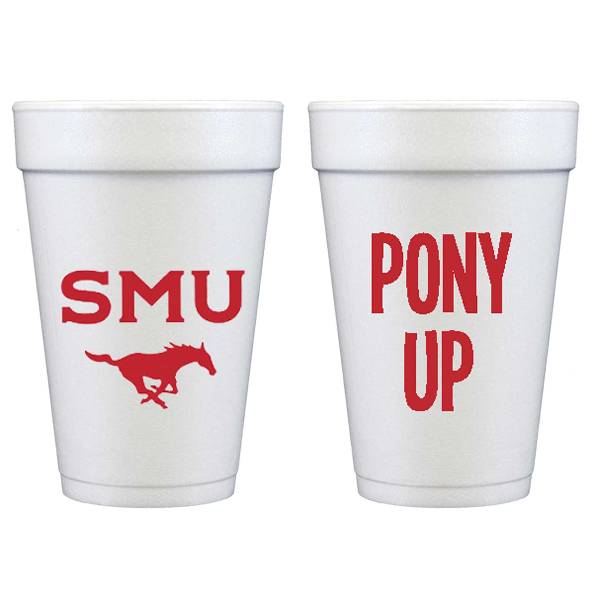SMU-Southern-Methodist-University-Mustangs-Pony-Up-Styrofoam-Party-Cup-Block2 Southern Methodist University (SMU) Logo Foam Cups - Pony Up with Mustang